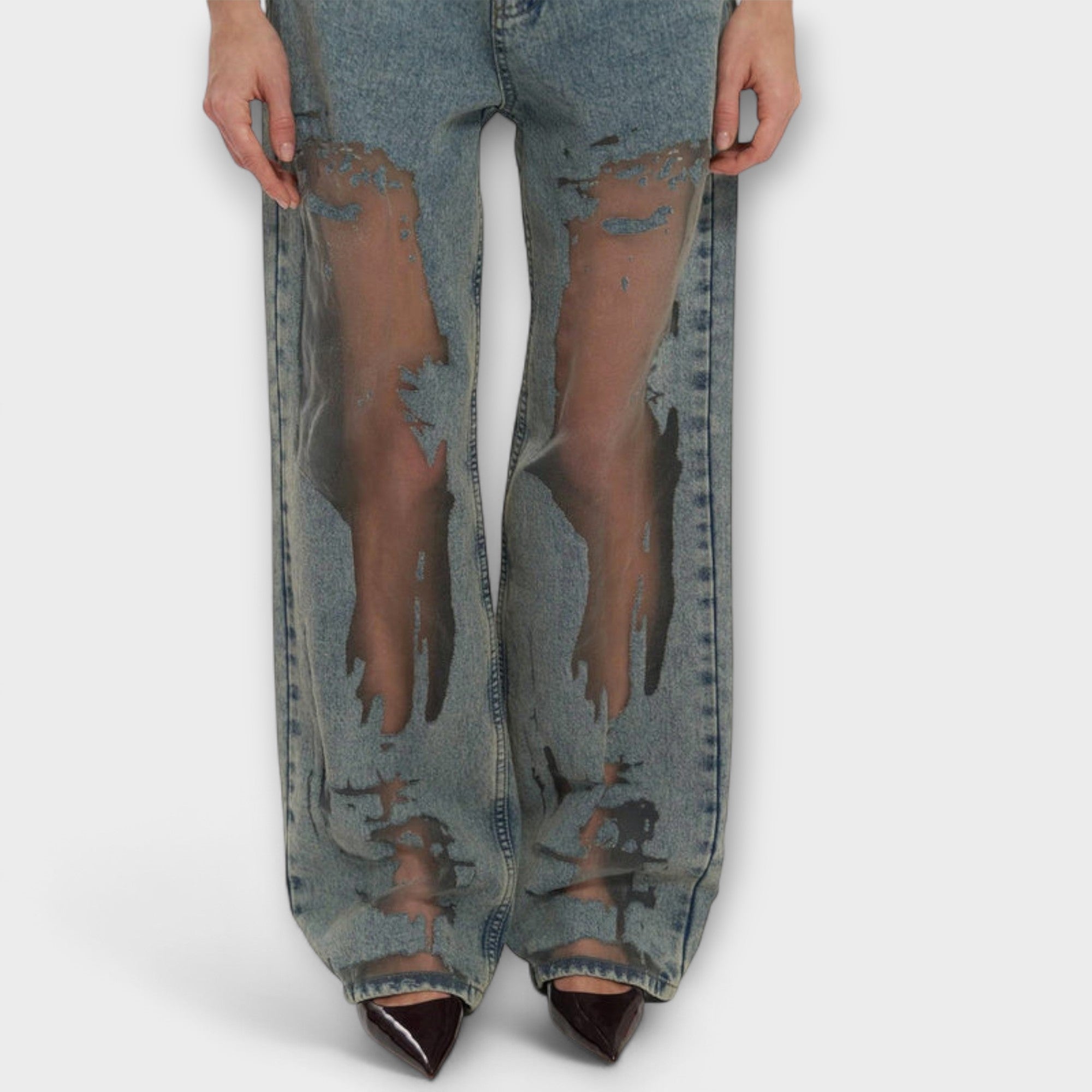 Camila - Jeans Denim Rasgados de Tiro Alto con Corte Wide Leg