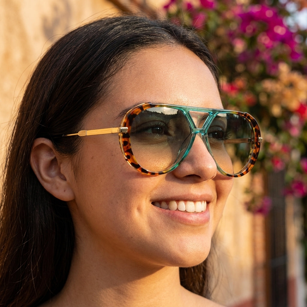 Mujer usando lentes de sol aviador Panther turquesa
